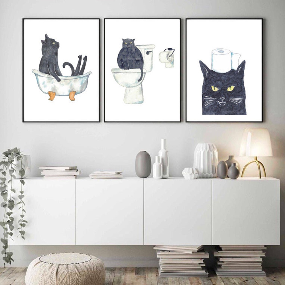 Cute Black Cat Toilet Poster Watercolor Canvas Painting Cartoon Pet Art ...