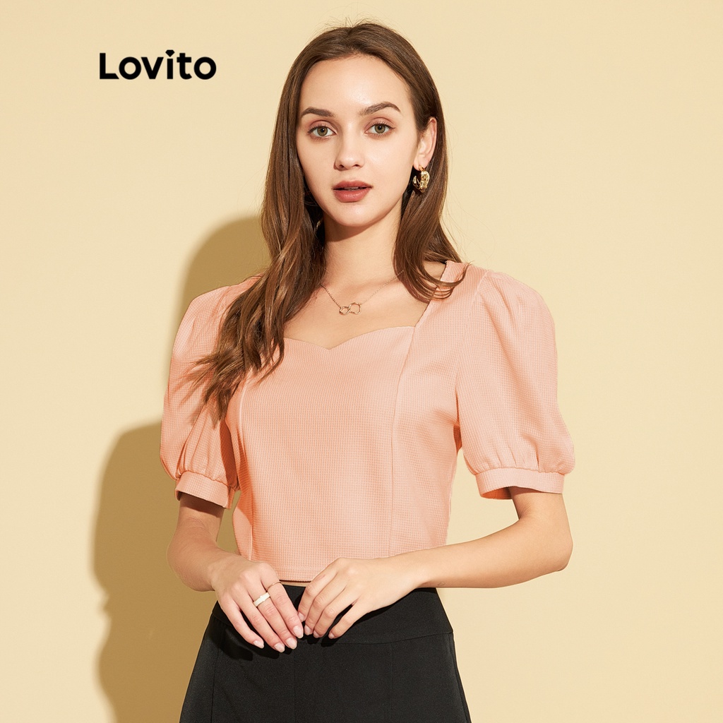 Lovito Plain Square Neck Puff Sleeve Textured Women T Shirt L25ed068