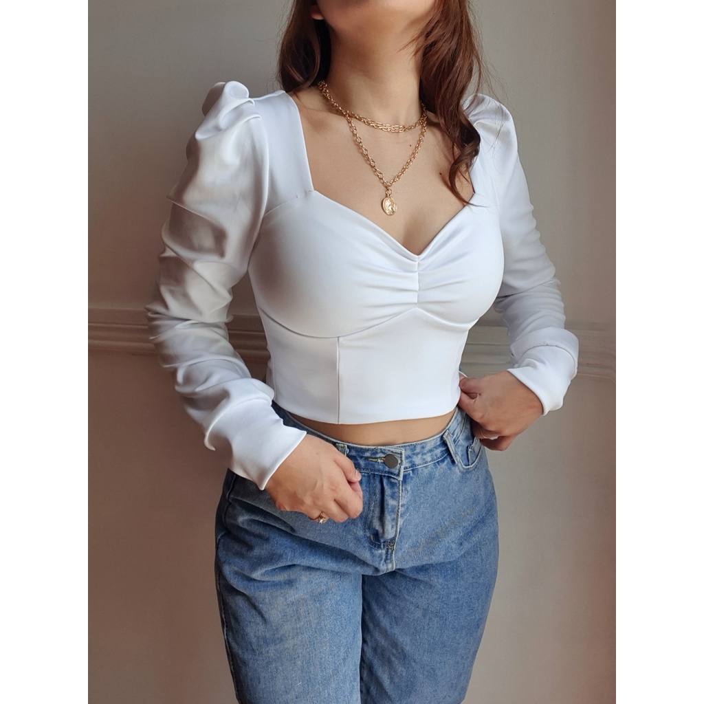 Square-Neck Puff-Sleeved Corset Bustier Longsleeve Crop Top