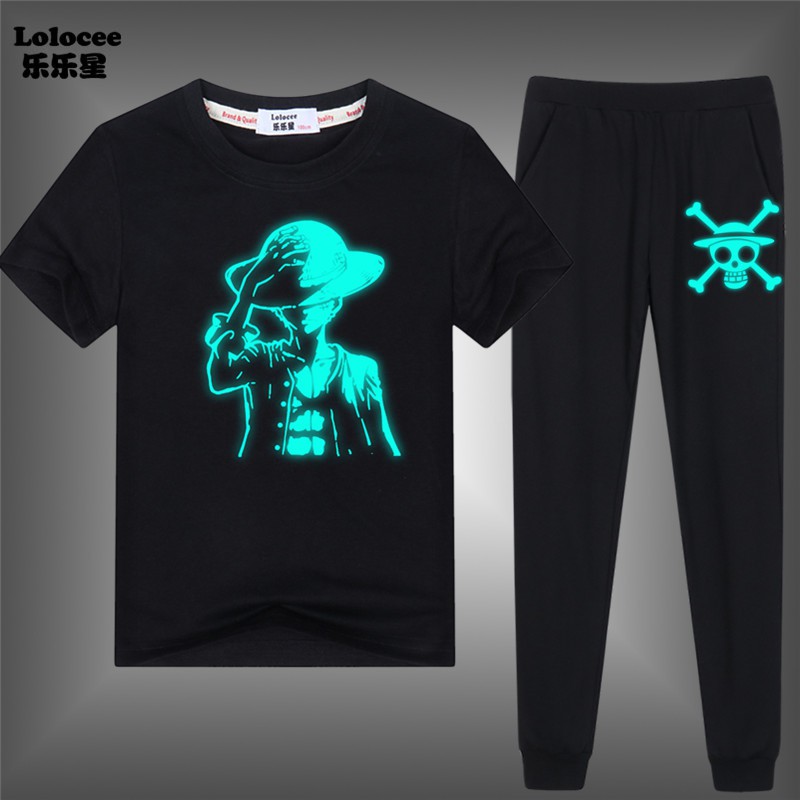 3-14years Kids Anime One Piece Luffy Glowing Clothes Set Short Sleeve  Cotton T-Shirt and Skull Bone Jogger Pants Outfits Sports Clothing