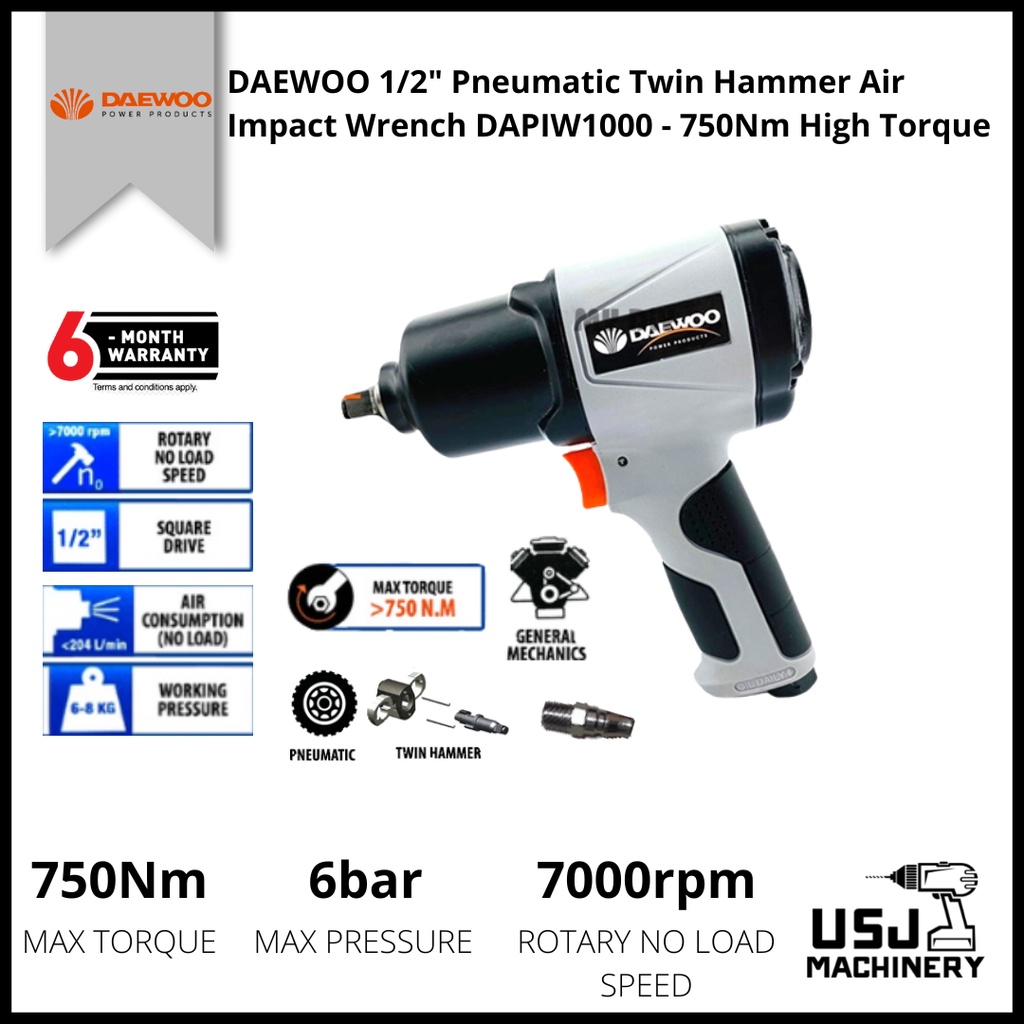 DAEWOO 1/2" Pneumatic Twin Hammer Air Impact Wrench DAPIW1000 750Nm