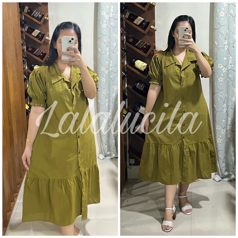 Myla (XL-XXL) Button Puffed Sleeves Dress (PLUS SIZE) | Shopee Philippines