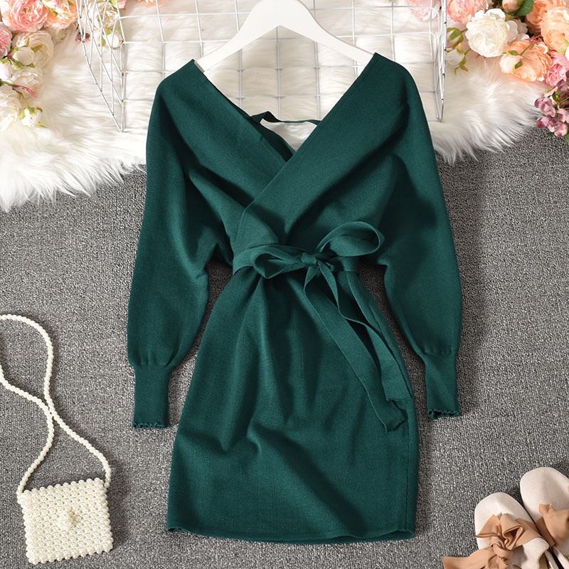spring autumn knitted dress women fashion batwing sleeve sexy v neck