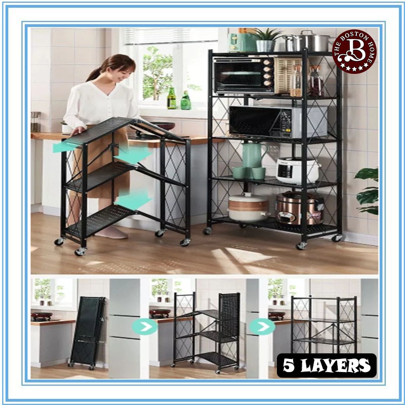 Boston Home Foldable Metal Storage Shelves Rack with Wheels for Kitchen ...