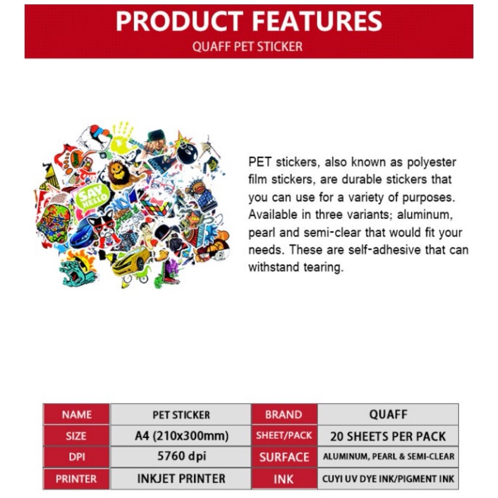 QUAFF Vinyl Inkjet Sticker Waterproof A4 Size ( 20 Sheets PER PACK ...