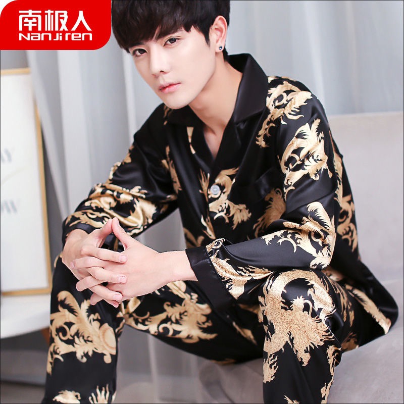 Men s Sleepwear Silk Satin Nightwear Long Sleeve Pajama Set Dragon