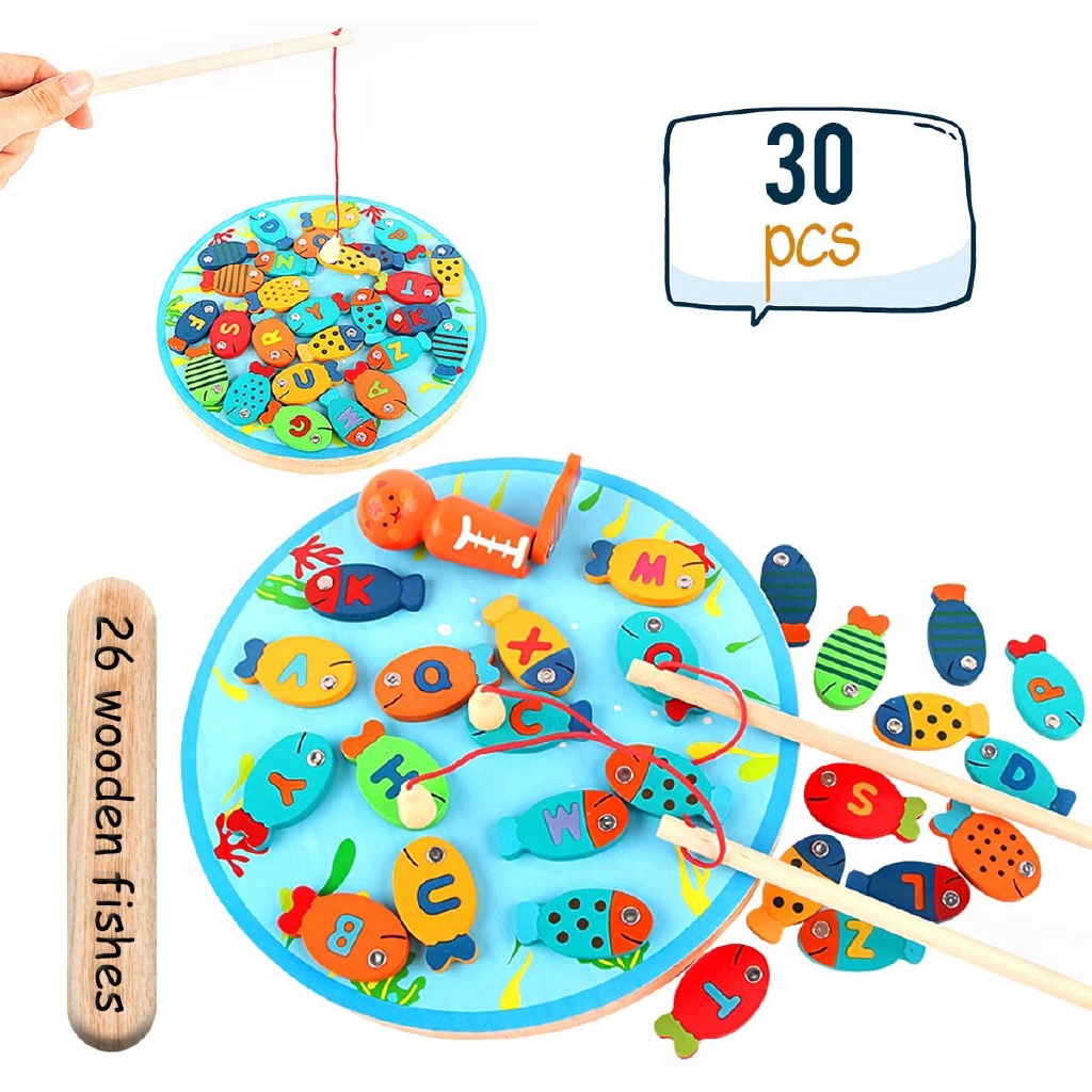 Wooden Magnetic Fishing Game Alphabet Letter Magnets Catching Fish ...