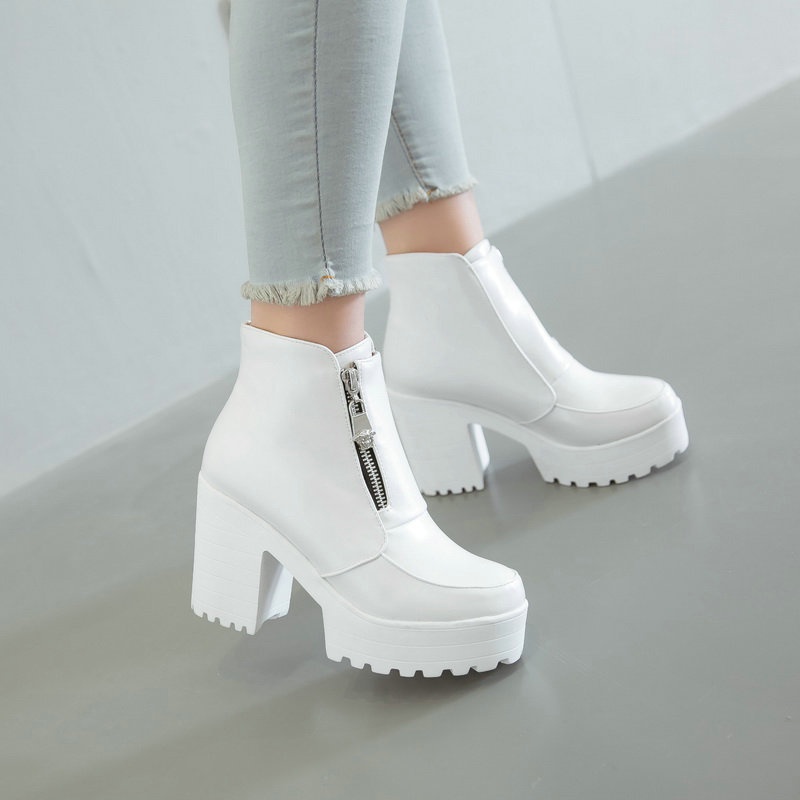 ⊙Front Zipper Platform Ankle Boots - Winter White Platform Wedges ...