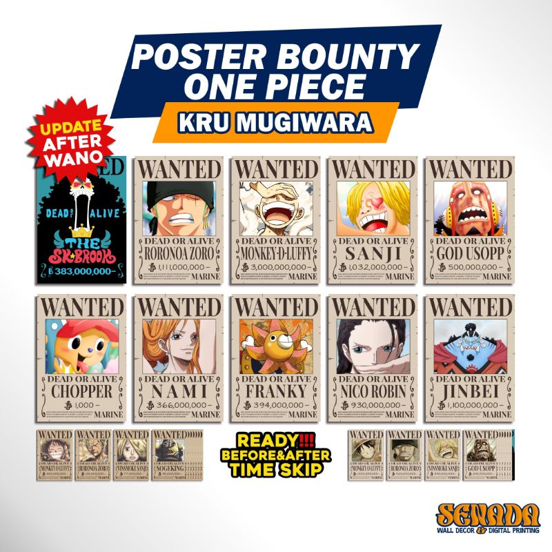Poster Bounty One Piece Crew Mugiwara 1set 10pcs Poster Wanted One Piece After Wano Kuni After