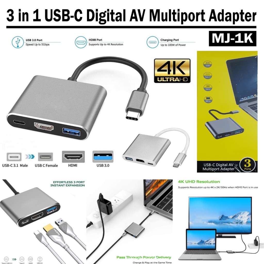 Hdmi USB-C TYPE C CABLE MULTIPORT ADAPTER USB C FEMALE HDMI USB 3.0 MJ ...