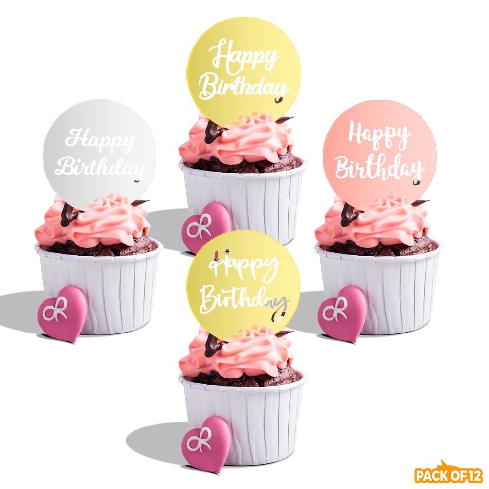 Pack of 12 Pieces Happy Birthday Round Mirror Acrylic Cupcake Topper ...