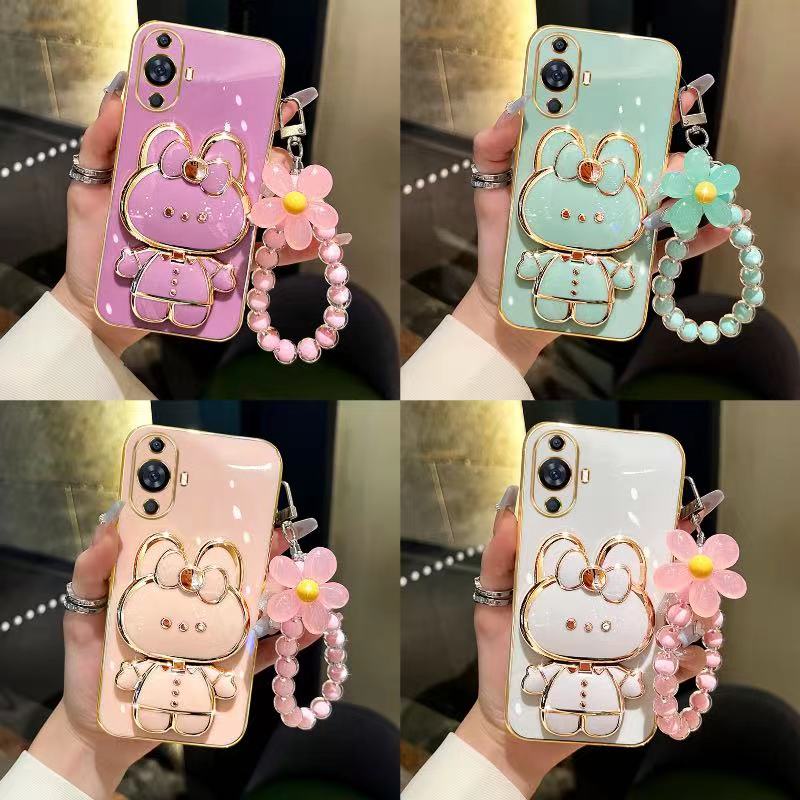 cases OPPO A83 A71 A1 5G F11 Pro F5 F7 Straight edge makeup mirror rabbit  holder+flower bracelet phone case