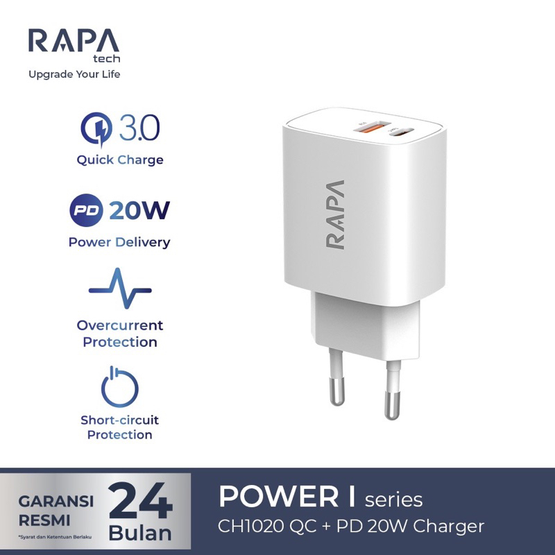 Original RAPAtech POWER ADAPTER DUAL PORT USB A & USB C CHARGER 20W PD ...