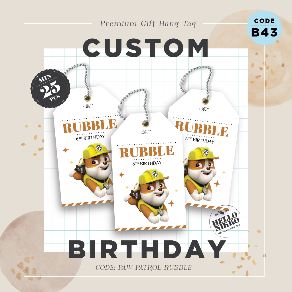 Gift TAG birthday B43 - Paw Patrol Rubble card birthdayDAY | Shopee ...