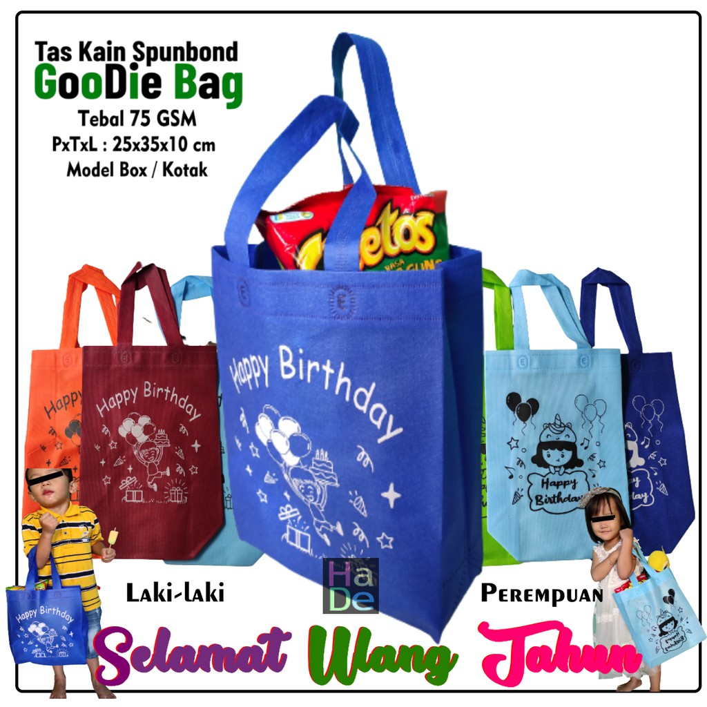 Spunbond Cloth bag Goodie bag with Happy birthday Writing Snack Size ...