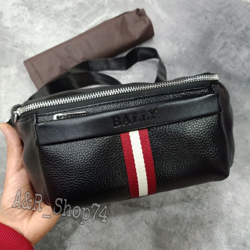 MERAH PUTIH Waistbag Bally Leather logo list Red White Belt Bag Imported Leather Waist Bag