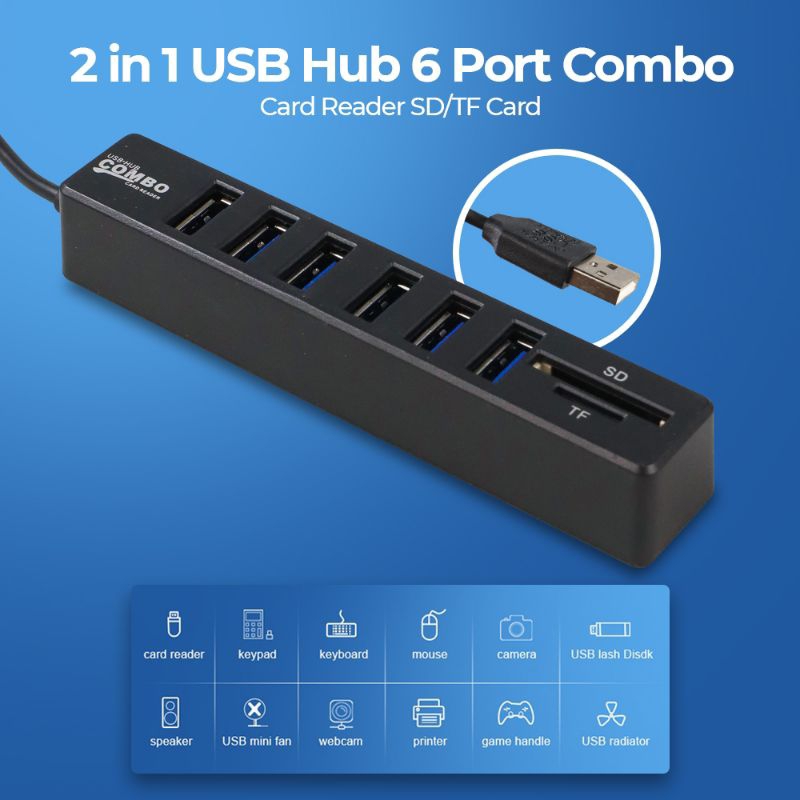 Rg USB 2 in 1 USB Hub 6 Port Combo Card Reader SD/TF Card | Shopee ...