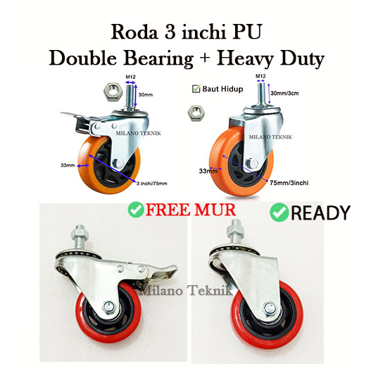 3 inch PU Wheel TAIWAN + Double Bearing / Screw / Bolt / Thread ...