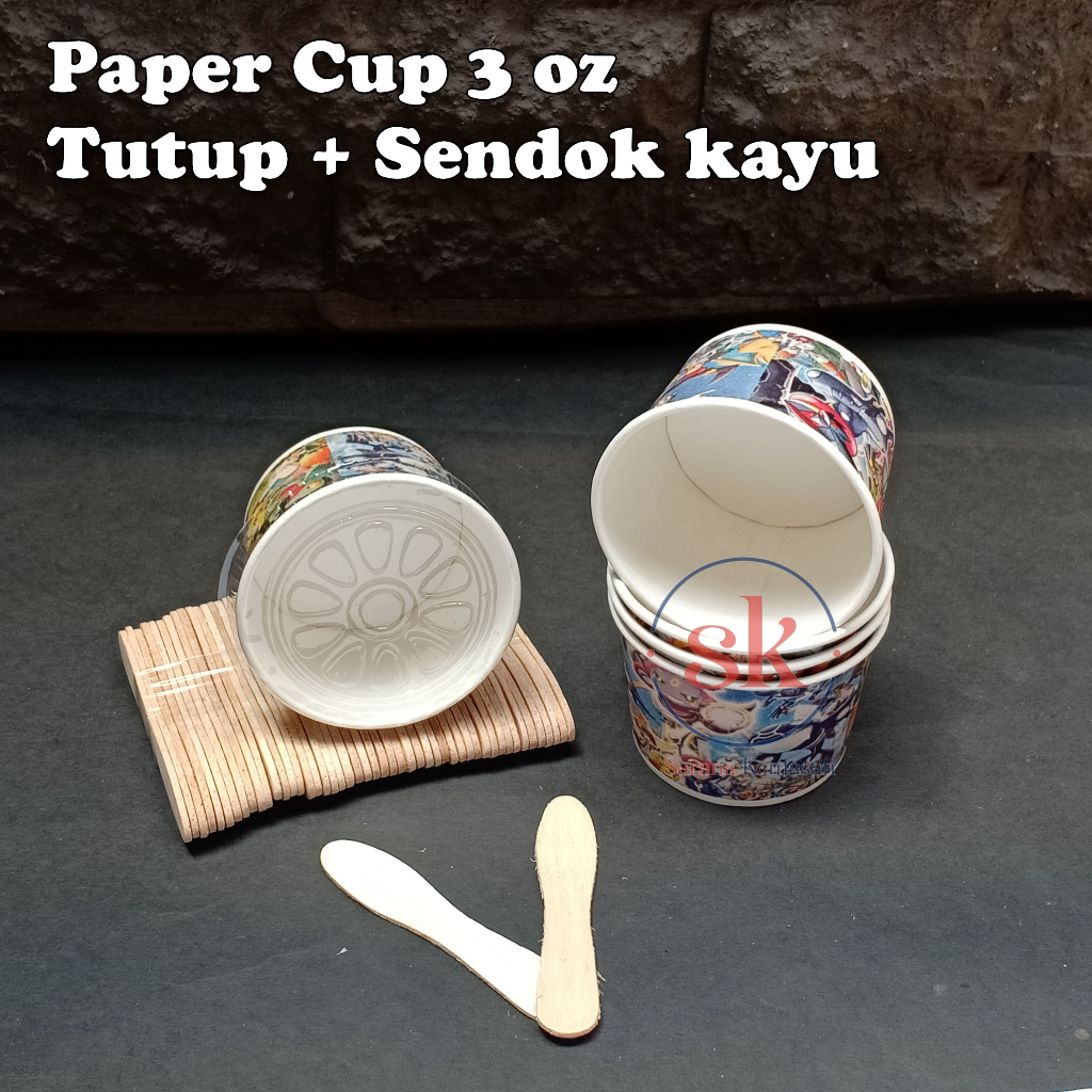 KAYU Paper Cup Ice Cream Motif 3oz+lid+wooden Spoon (50Pcs Package ...
