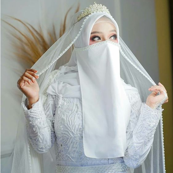 PUTIH Plain White Bridal Slayer Veil Sequin Pearl Hijab Wedding Dress ...