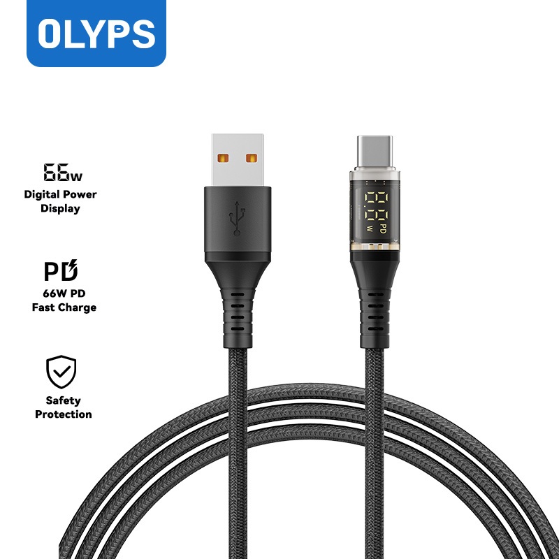 Olyps Data Cable Fast Charge 66W USB to Type C with Digital Display For ...