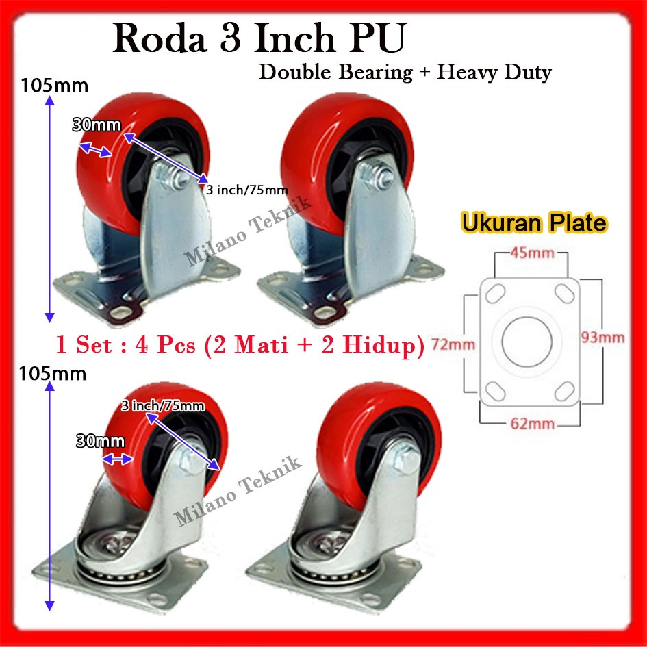 3 inch PU wheels 1 set (2 off + 2 off) Double bearing Trolley display ...