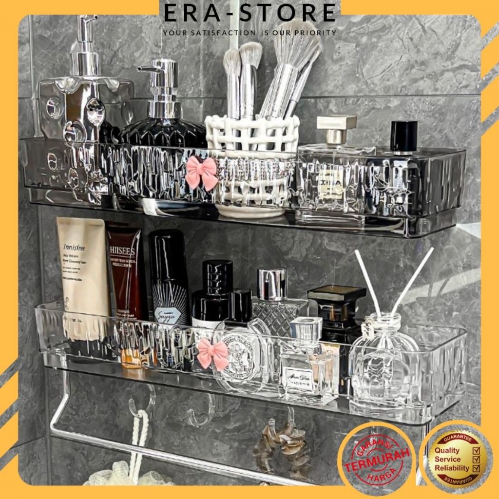 GANTUNGAN Sticky Bathroom Shelf+4 Hangers Glacier Model/Aesthetic Shelf Wall Mounted Soap Rack ...