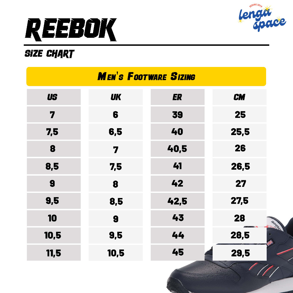 Reebok us size chart deals