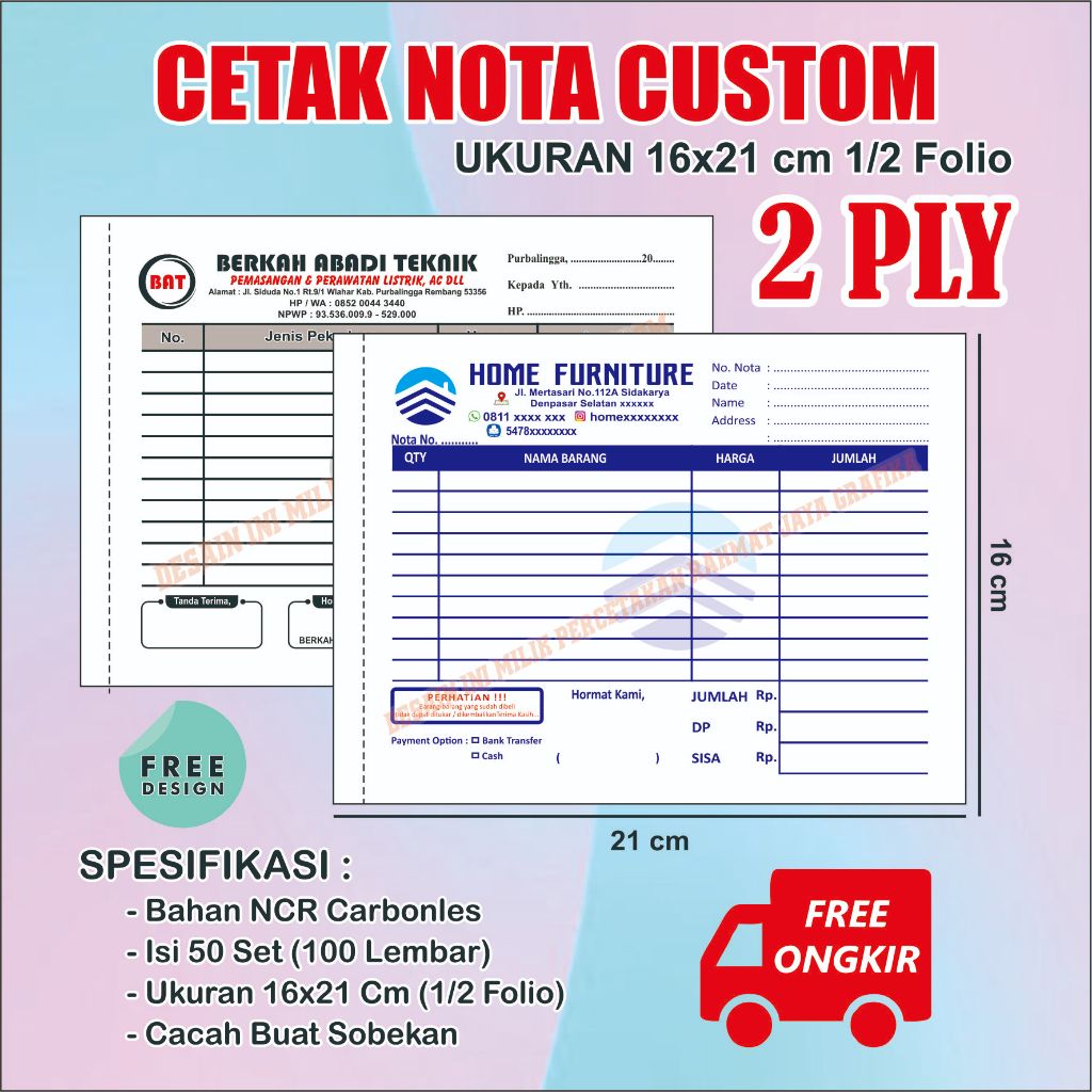 Custom note printing Size 1/ 2 Folio. 2 ply, contents 100 sheets (MIN 2 ...