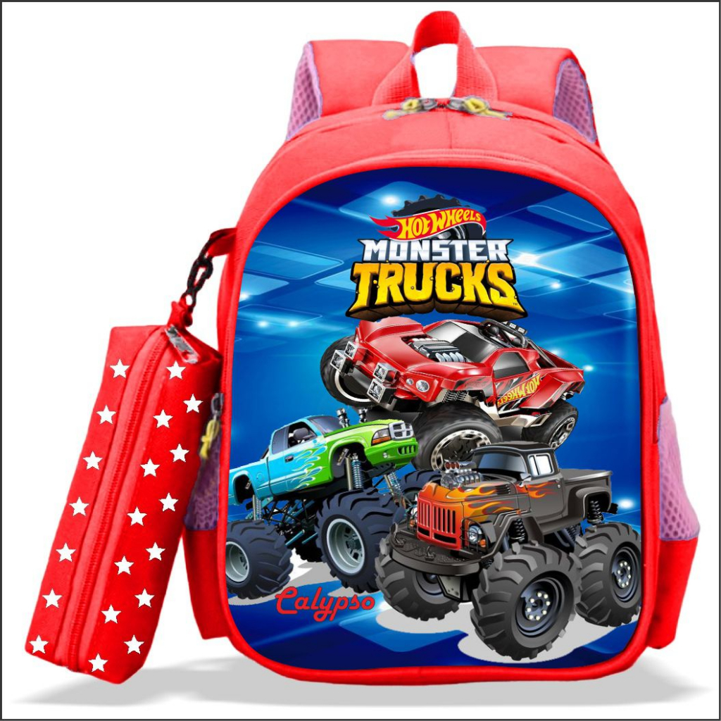 PREMIUM QUALITY Hotwheel Monster Truck Character Kindergarten and  Elementary School Boys' School Backpack and Bonus Pencil Case