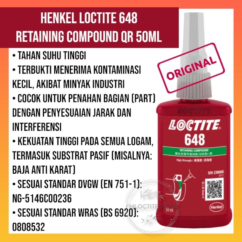 Henkel LOCTITE 648 Glue Axle RETAINING COMPOUND HIGH STRENGTH QR 50ML