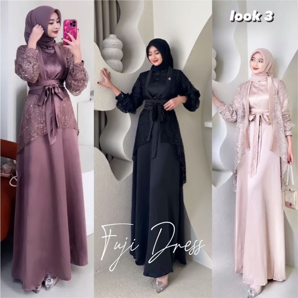 Fuji 3 IN 1 DRESS One SET INNER OUTER KIMONO FASHION GAMIS MUSLIM Women ...