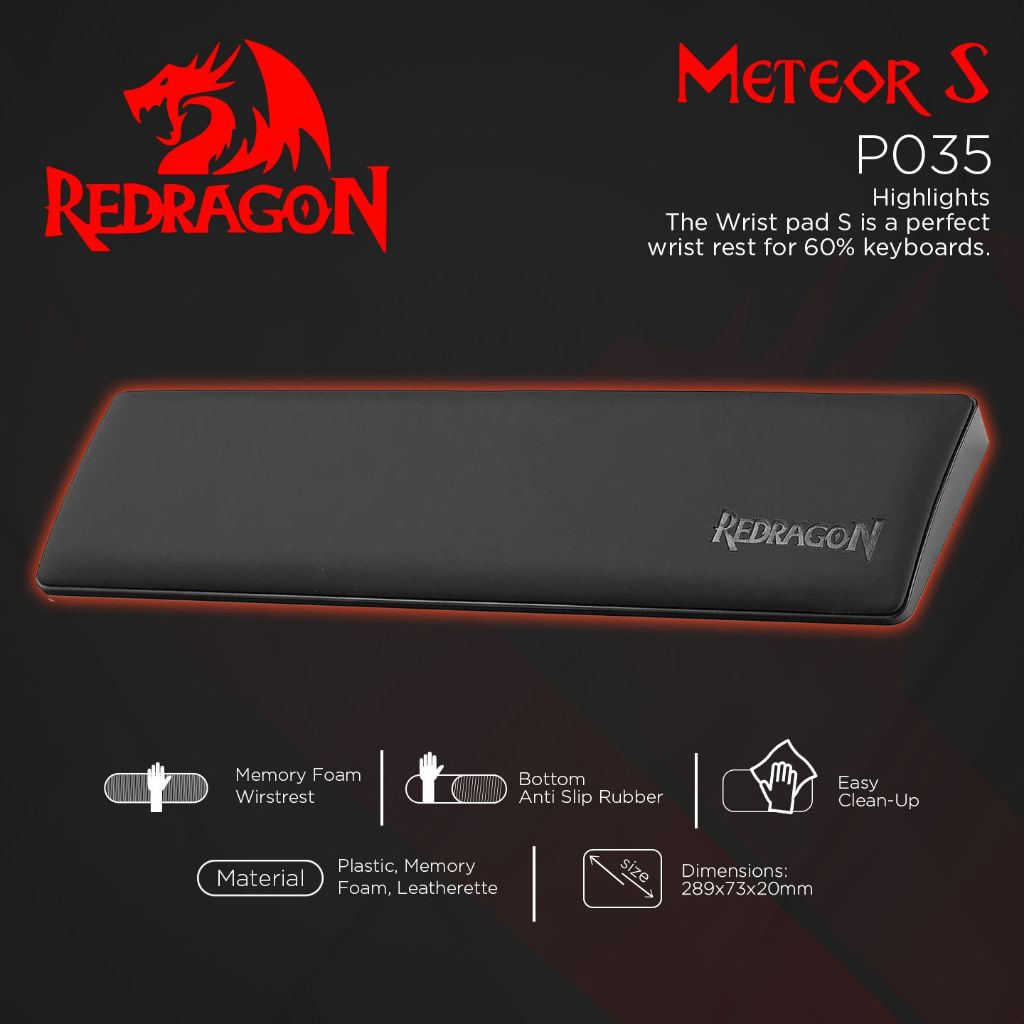 Redragon P035 Meteor Toetsenbord-polssteunkussen, computer, ergonomisch, zacht traagschuim, antislip rubberen basis, 60%, 61 toetsen, compact formaat, 11,38 x 2,87 x 0,78 inch (20 mm), S, zwart