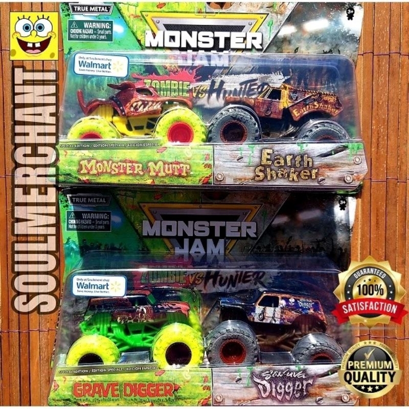 Monster JAM ZOMBIE VS HUNTER MONSTER MUTT VS EARTH SHAKER GRAVE DIGGER ...