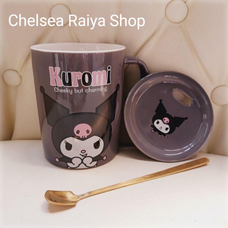 Ceramic Cup+Lid+Spoon Sanrio Kuromi Gray Kawaii Original Shopee