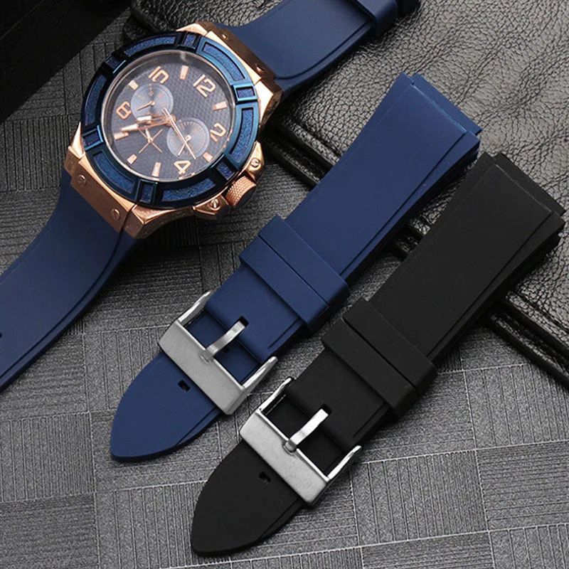 AZSHIW Cinturino In Pelle Da 22 Mm, Cinturino In Silicone Compatibile Con GUESS W0040G3 W0040G5 W0247G3, Cinturino Da Polso Blu Da Uomo(Black Steel