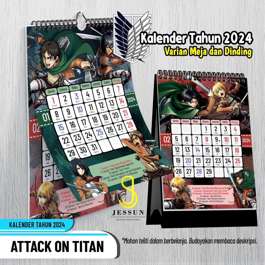 Aot 2024 Calendar (Attack On Titan) Anime A4 Wall And A5 Desk Shopee