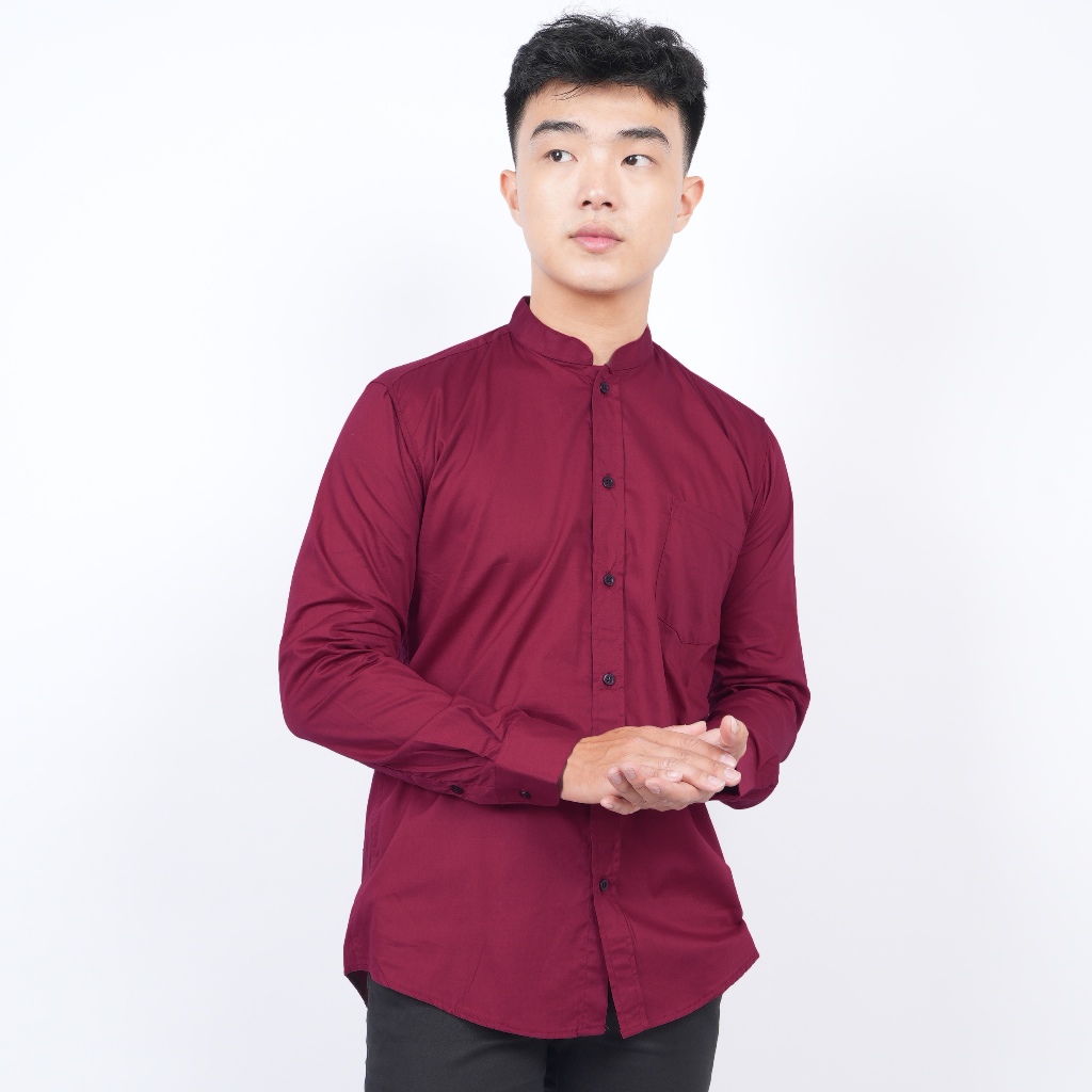 KEMEJA MERAH Men's Long Sleeve Solid MAROON Shirt Shanghai Collar ...