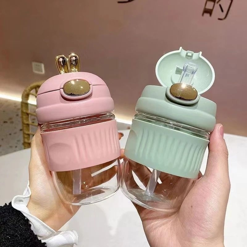 Heat Resistant Cute Glass Cup Bottle Coffee Cup Milk Rabbit Ear Lid