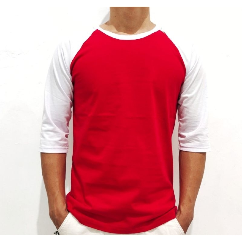 MERAH Plain Raglan T-Shirt 3/4 Sleeve Red and White | Shopee Philippines