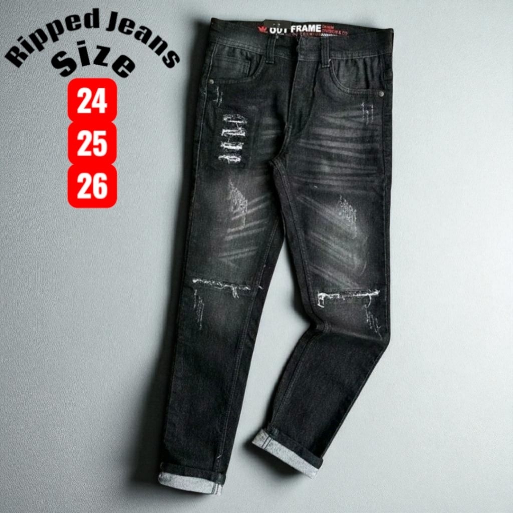Men's Mid-Length Jeans Size 24 25 26 Ripped Denim Pants, Non-See ...