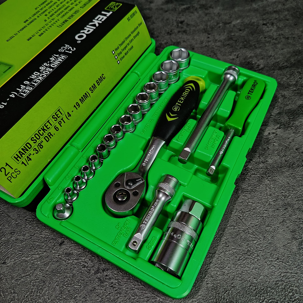 Tekiro Socket Wrench Set 21 Pcs 3/s 8 Inch DR 6 PT Plastic Box Hand ...