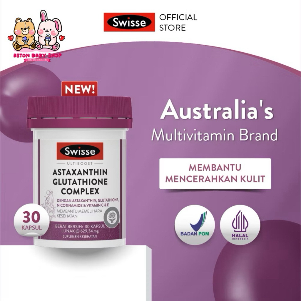 Swisse Astaxanthin Glutathione Complex 30 Caps - Swisse Beauty Supplement Astaxanthin, Glutathione, Niacinamide, Vitamin C & E - Vitamins for Bright and Healthy Skin