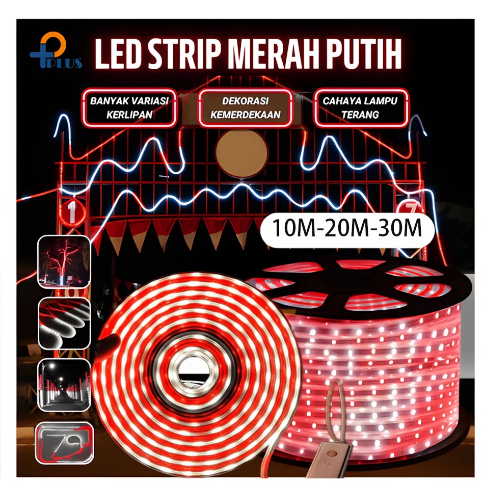 MERAH LED STRIP HOSE RGB RED WHITE 3528 2835 220V + ADAPTOR 10M/15M/20M ...