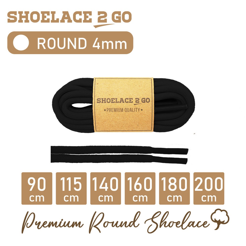 SHOELACE 2 GO ROUND SHOELACES - SR4 - B1 - BLACK - 4MM - 90CM 115CM ...