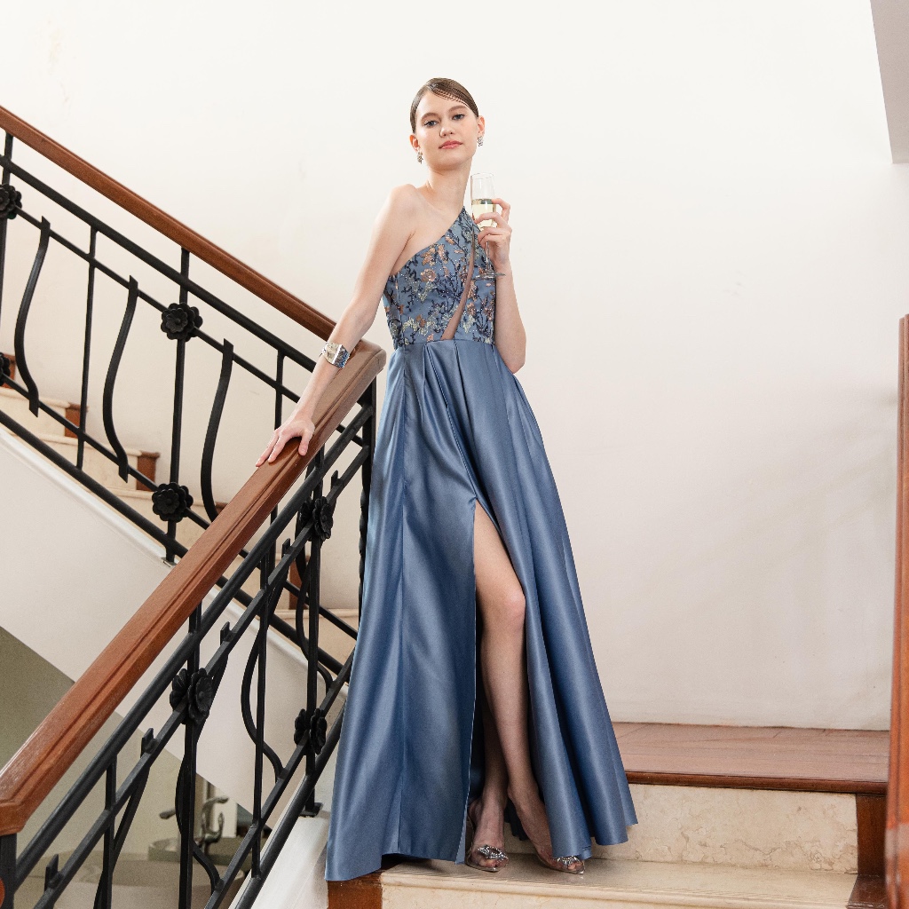 COMA LABEL - Solenne Dress in Misty Blue / Rose Gold / Purple Haze ...