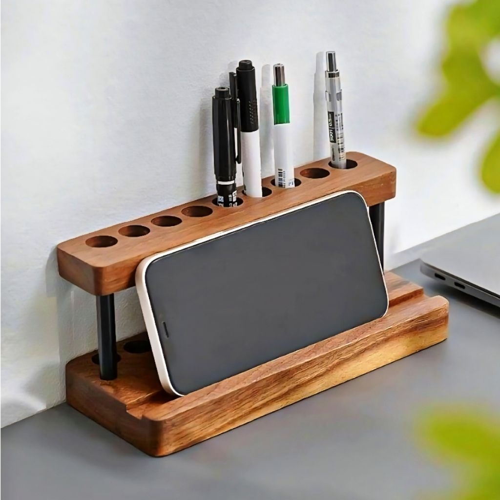 Teak Wood Pen Holder Rack 2 - Elegant Desk Organizer Display | Shopee ...