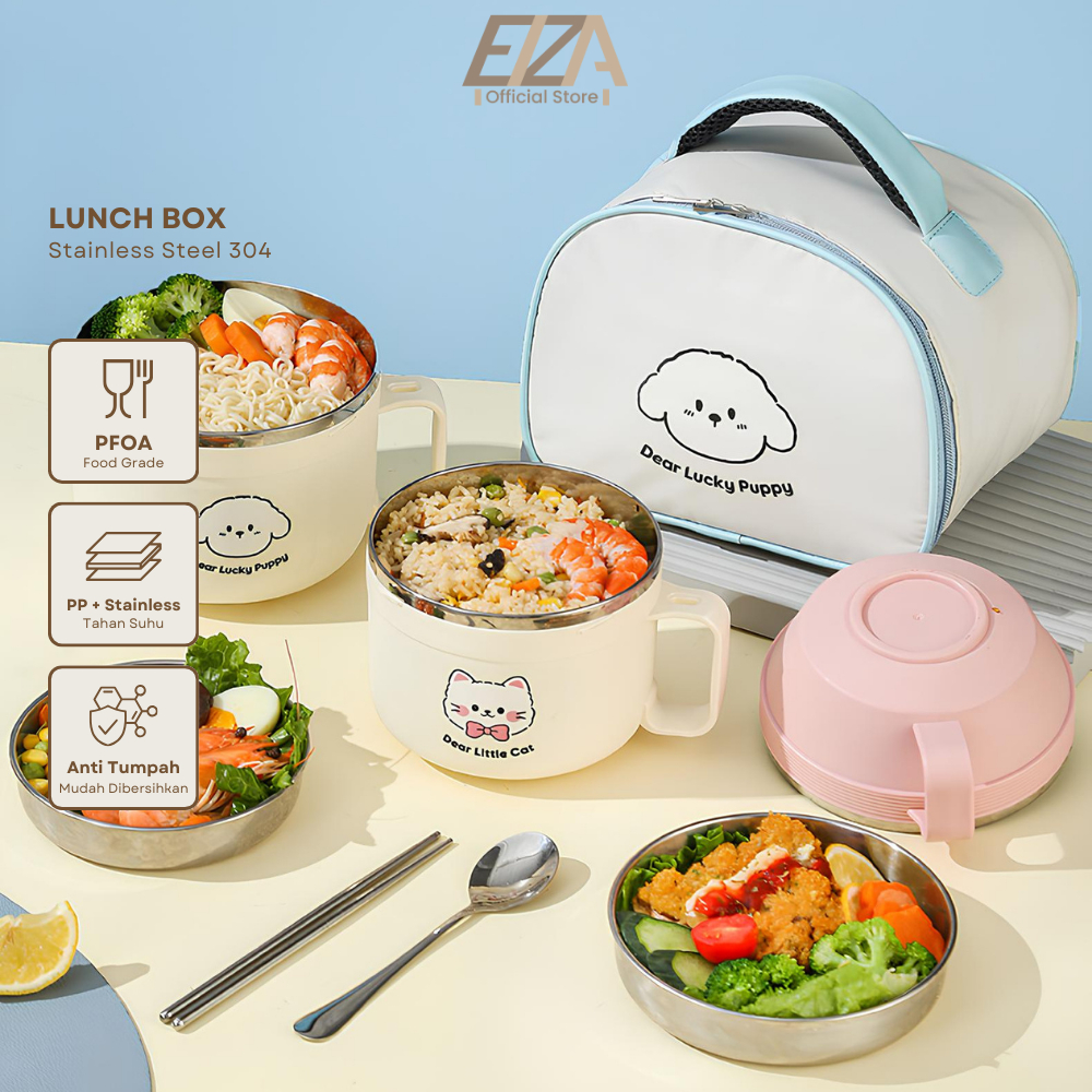 EIZA Lunch Box Round Stainless Steel SUS 304 Anti-Spill Pink and Blue ...
