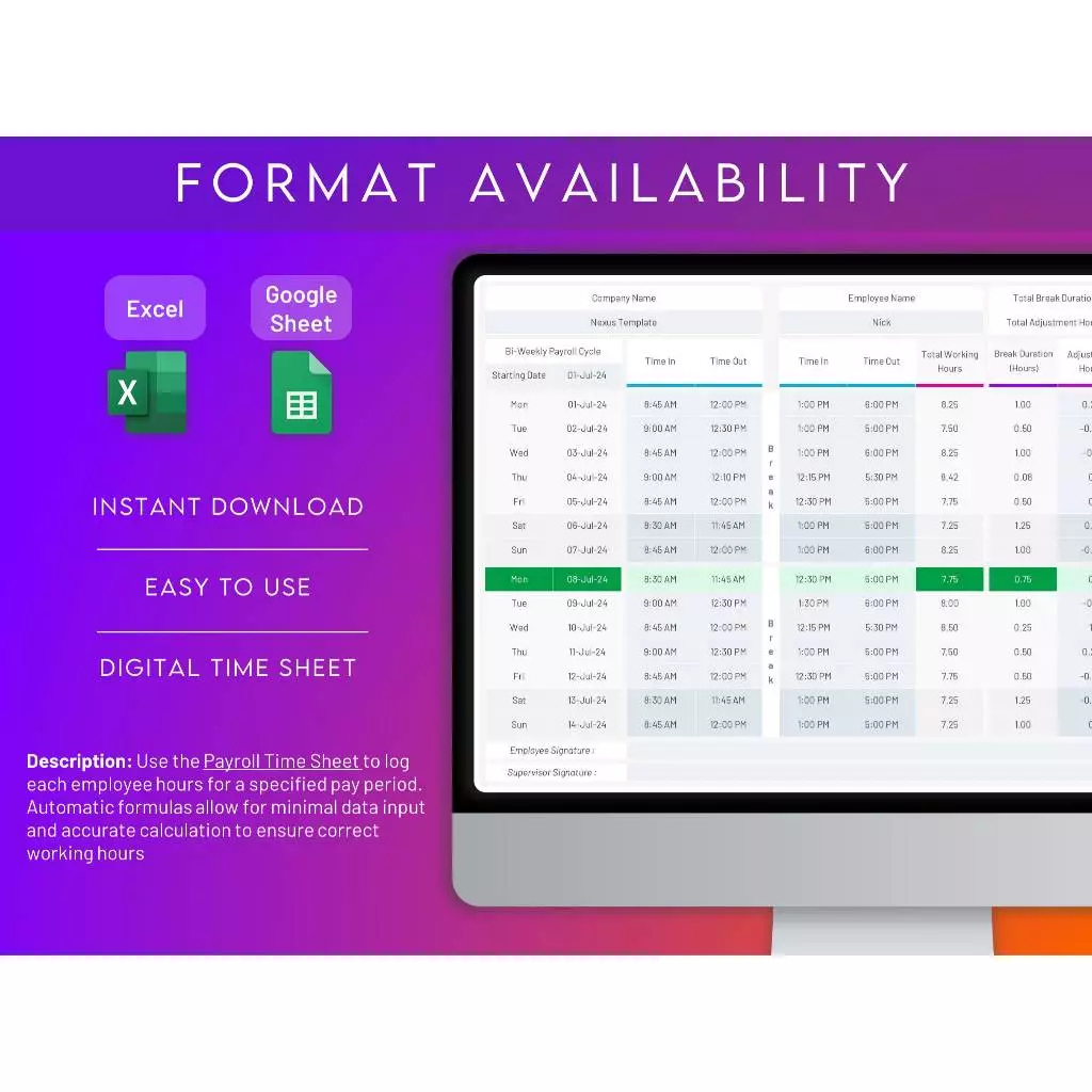 Payroll Timesheet Excel & G-Sheet | Employee Time Tracker | Weekly Bi ...