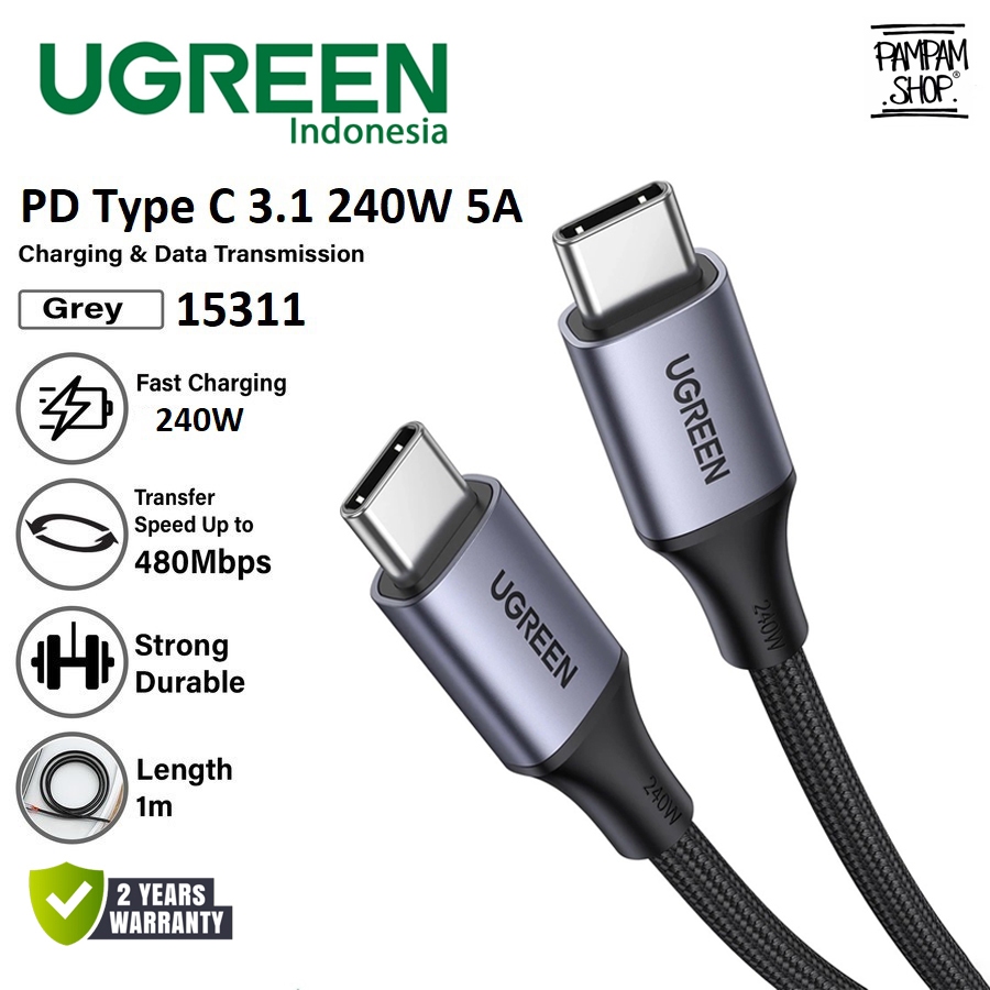 UGREEN 15311 NYLON Data Cable TYPE C TO TYPE C 240W 5A 1M 1 Meter Super ...